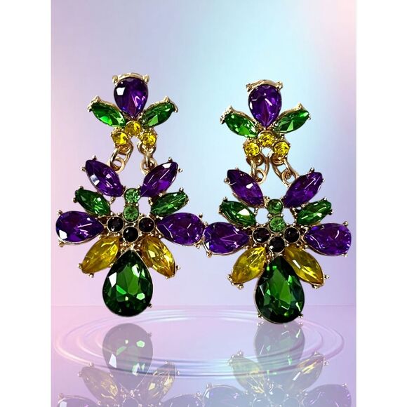 Mardi Gras Earrings, Glittery Rhinestone Party Jewelry - LARGE - Picture 3 of 5